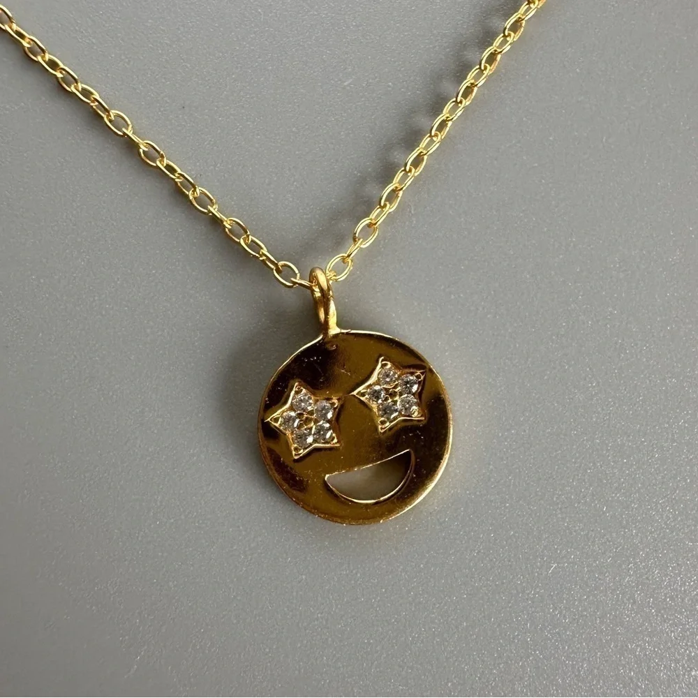 14K Gold Vermeil Star Eyes Smiley Emoji CZ Pendant Necklace